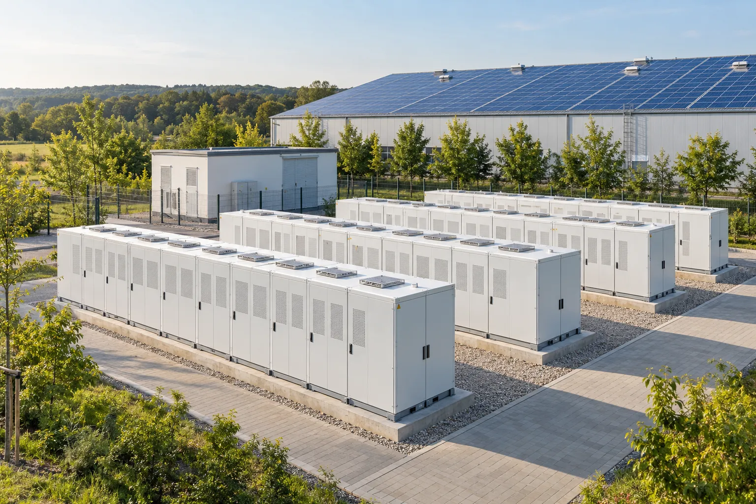 Ilustracja instalacji magazynowania energii przy hali z fotowoltaiką